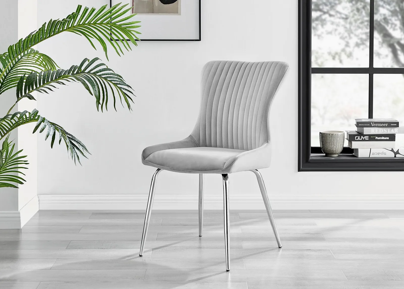 FurnitureboxUK Set of 2 Nora Deep Padded Luxurious Dining Chairs Upholstered In Soft Velvet With Chrome Legs in Light Grey 2