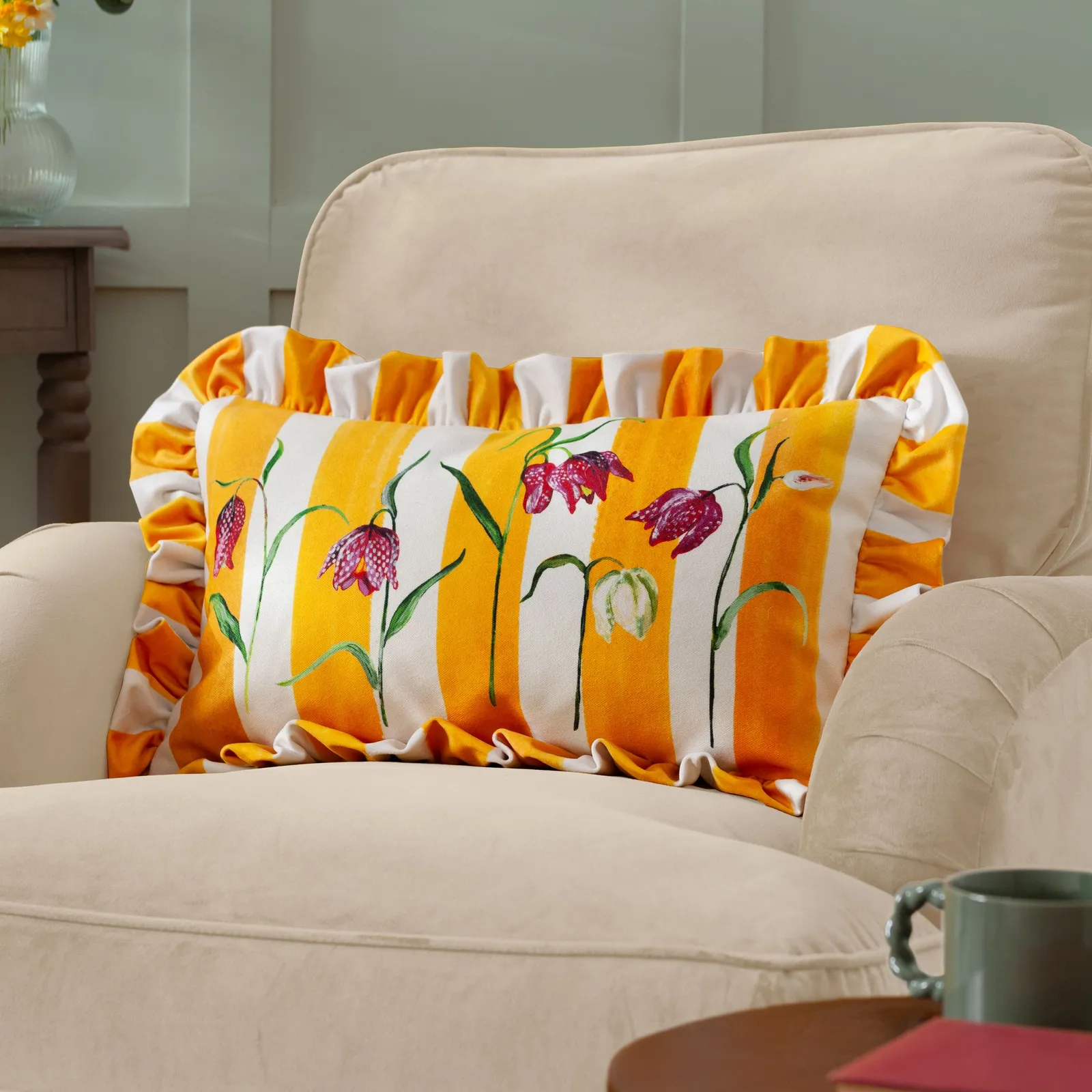 Wylder Nature Marais Fritillaries Printed Chenille Cushion in Yellow