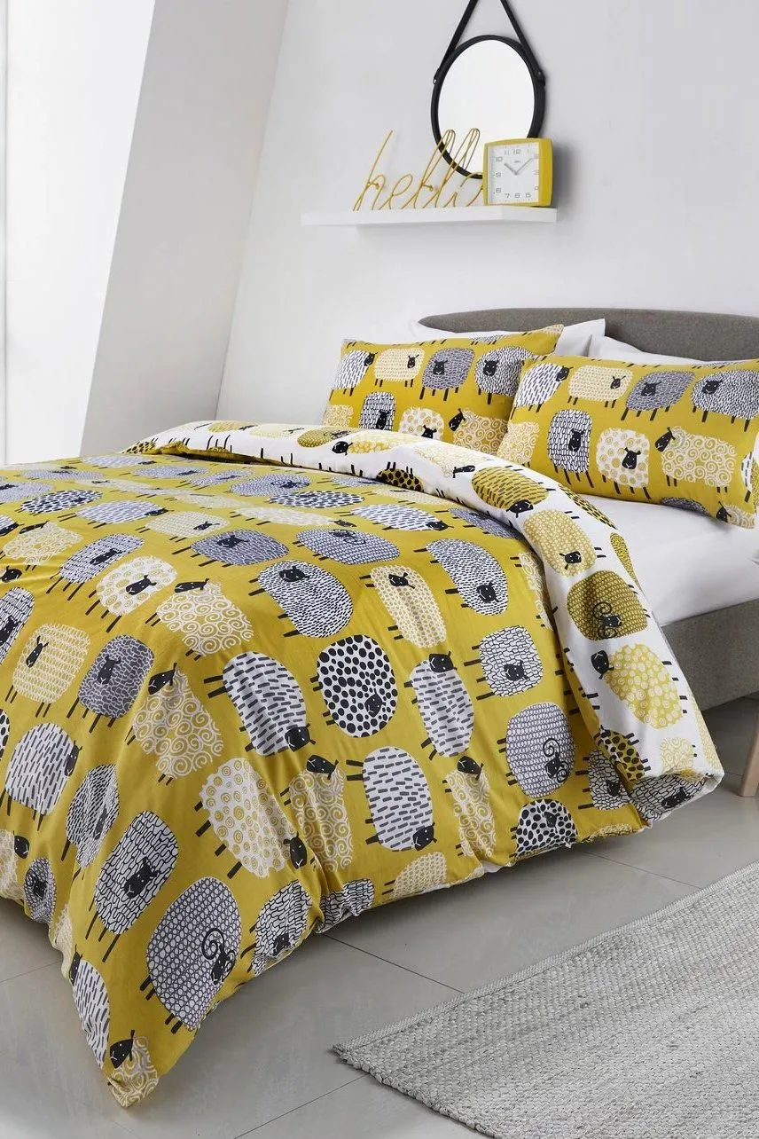 Fusion 'Dotty Sheep' Fun Reversible Duvet Cover Set in Mustard