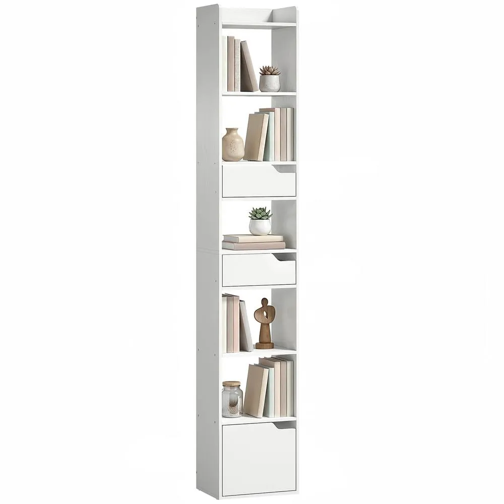 HOMCOM Bookcase Tall Narrow with 5 Tiers Drawers White Wood Effect 2