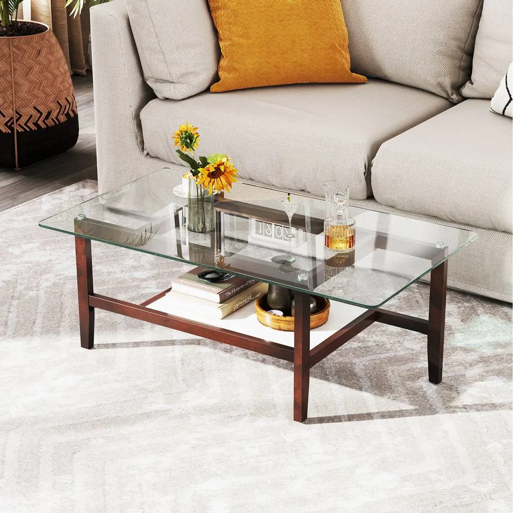Costway Glass Coffee Table 2-Tier Coffee Table with Storage Shelf-Brown in Brown