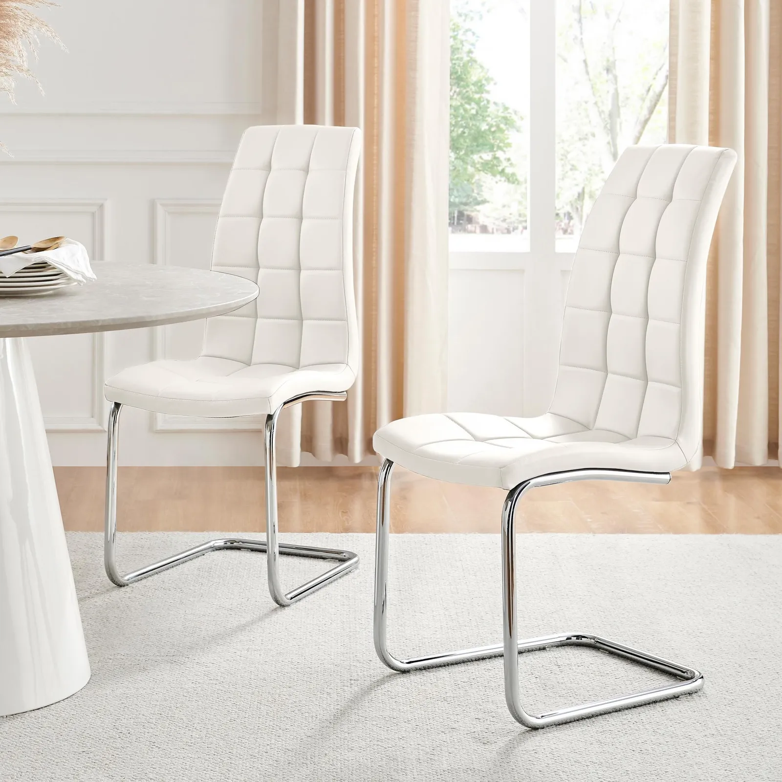 FurnitureboxUK Set of 2 Murano Deep Cushioned Soft Touch Faux Leather Dining Chairs With Silver Chrome Metal Legs in White