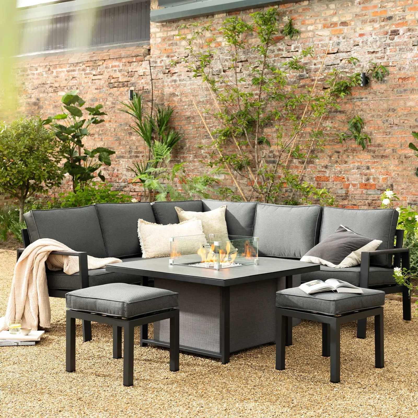 Fierza Corner Sofa Set With Rising Firepit Table, Aluminium, Grey | Barker & Stonehouse