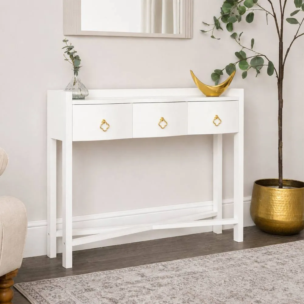 Melody Maison Curved 3 Drawer Console Table With Glass Top - Austin White Range