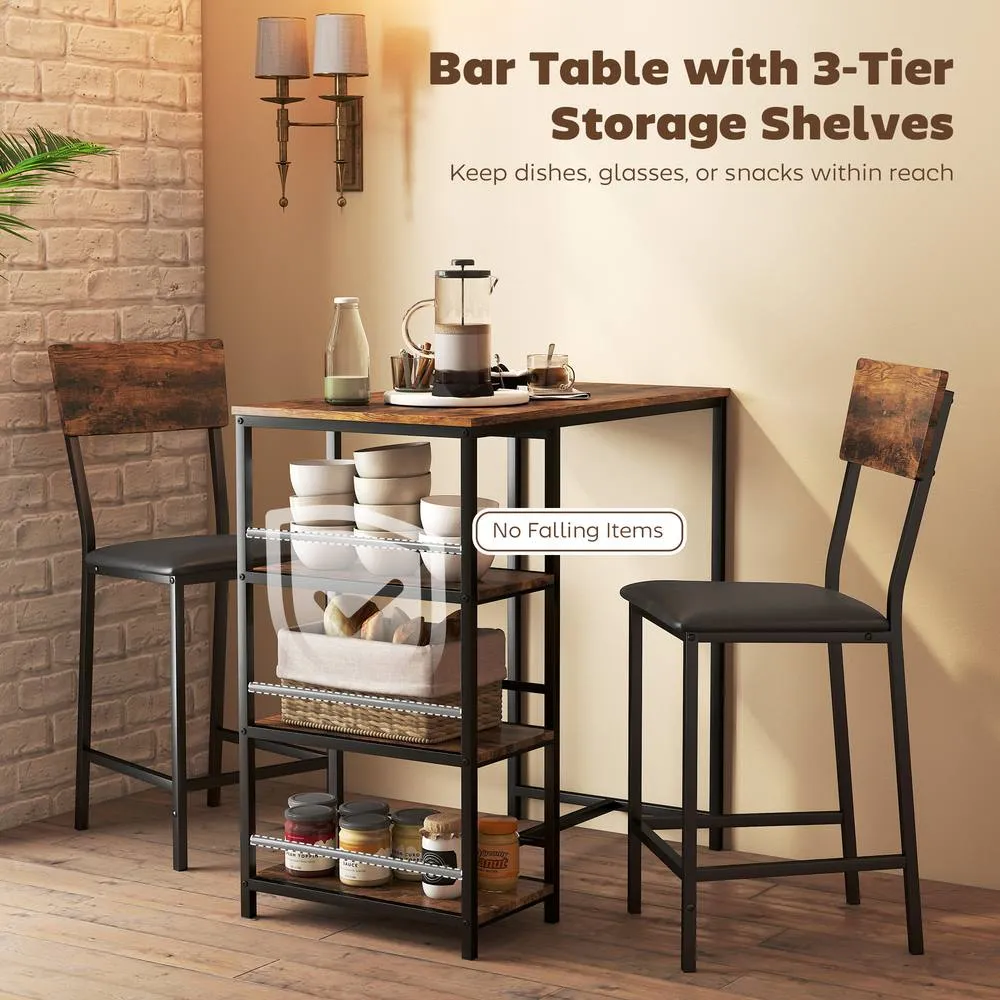 HOMCOM Industrial Bar Table Set with Storage & Padded Seats, Rustic Brown 4
