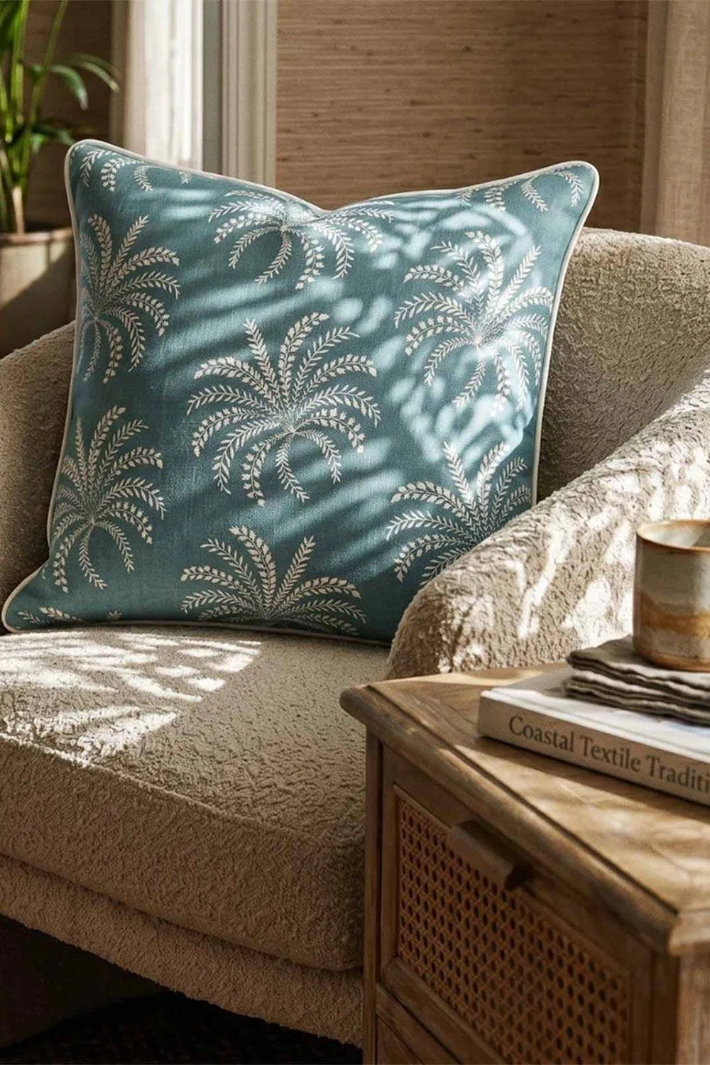 Homescapes Blue Palm Leaves Cushion, 45 x 45cm 4