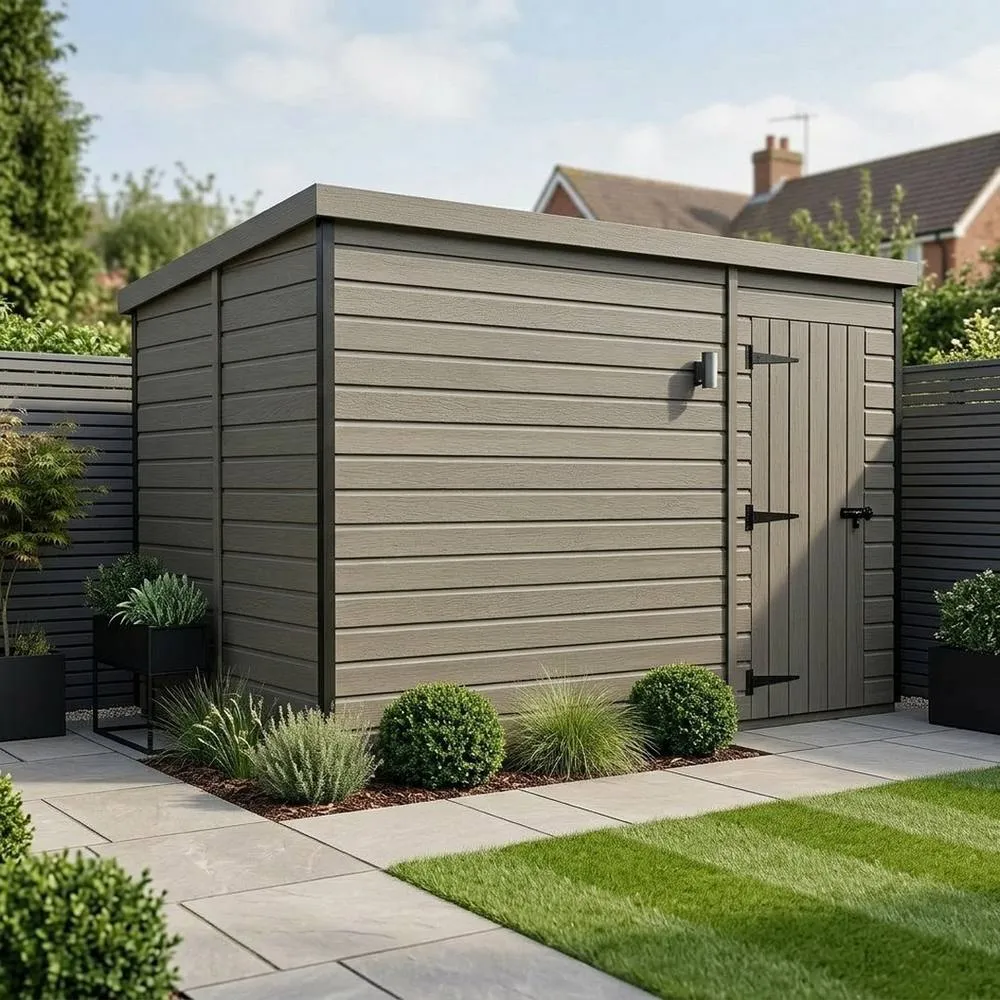 Buttercup Farm 13ft x 9ft Composite Pent Garden Shed Single Door No Windows in Grey 2