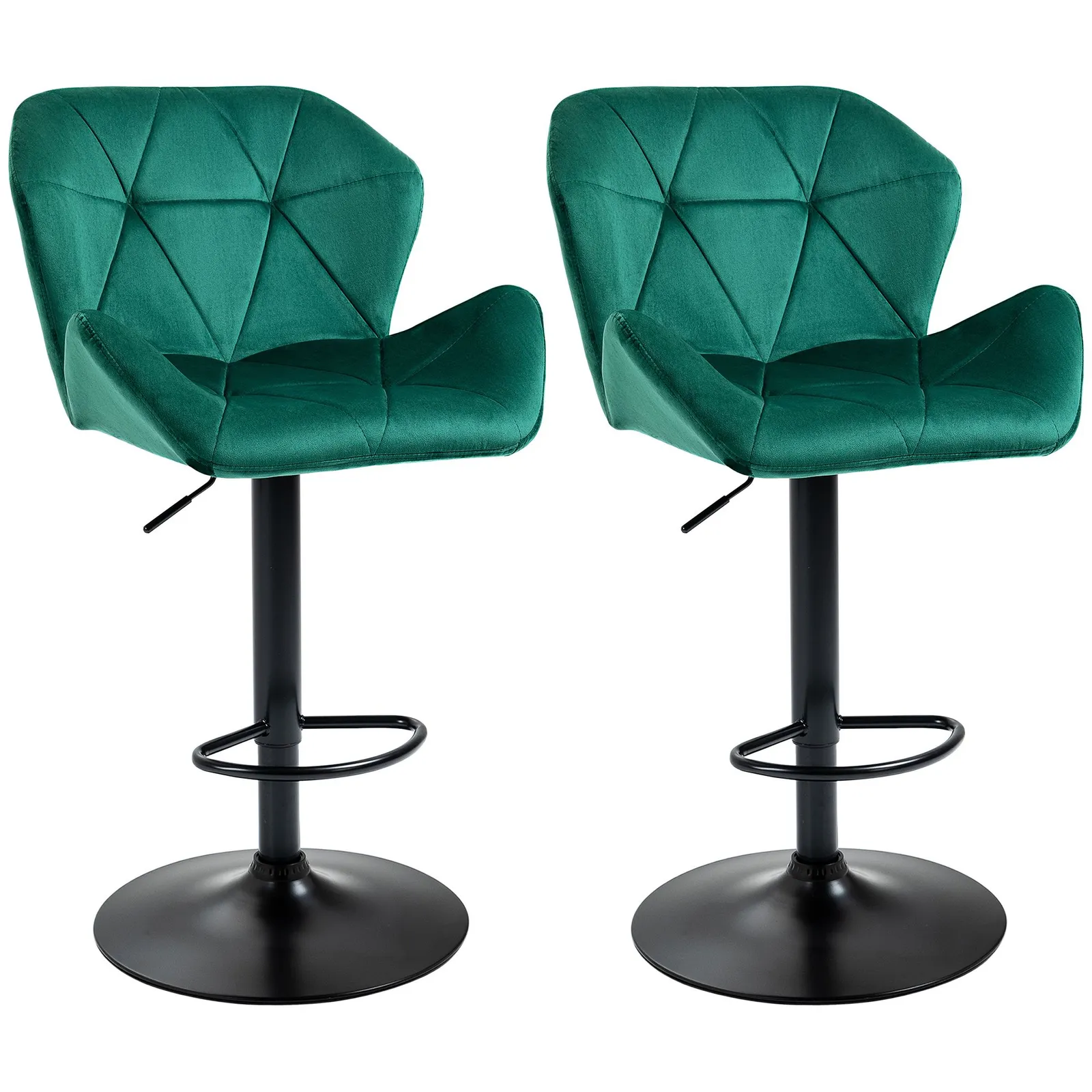 HOMCOM Of 2 Luxurious Velvet-Touch Bar Stools w/ Metal Frame Footrest Base in Green 2
