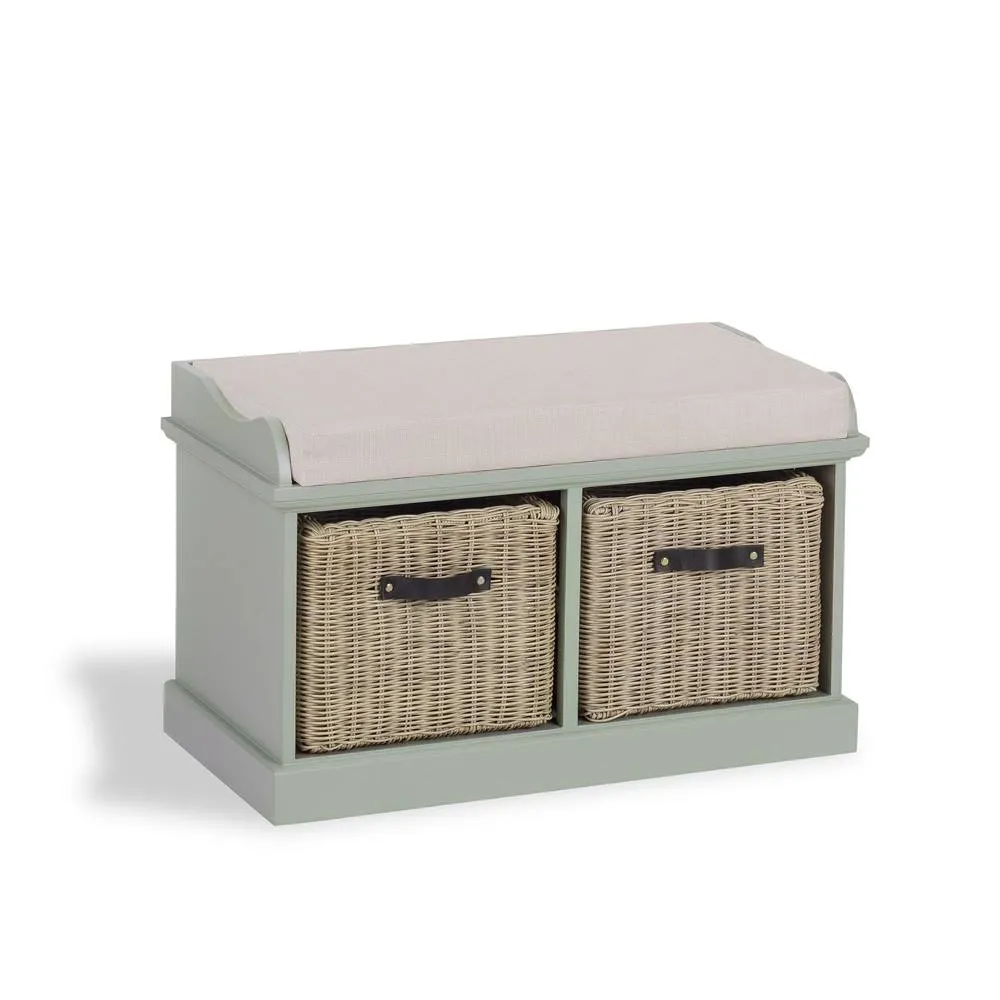 Statement Furniture Tetbury Bench with 2 Brown Faux Rattan Baskets & Cream Cushion in Light Green 4