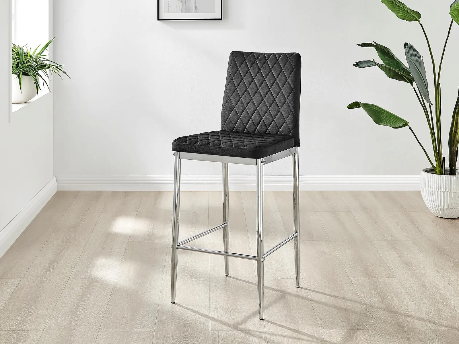 FurnitureboxUK Set of 2 Milan Soft Touch Hatched Velvet Padded Counter Stools With Silver Chrome Metal Legs in Black 2