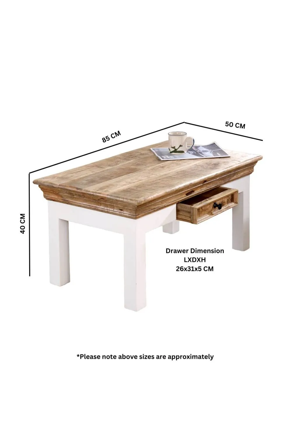 IH Design Washington White Mango Wood Coffee Table with Drawer 4