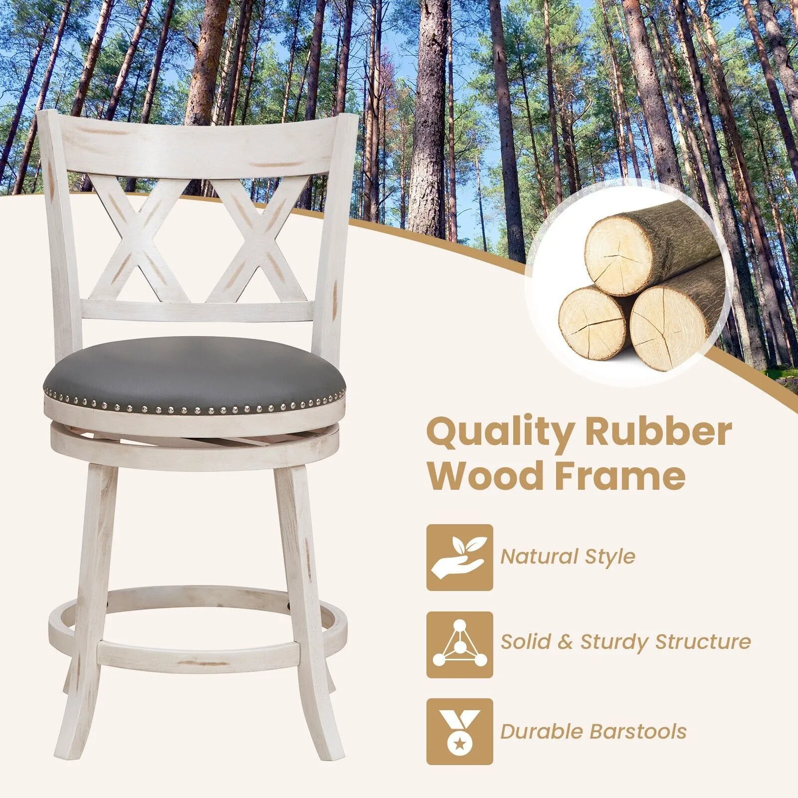 Costway Set of 2 Bar Stools Counter Height Chair Pub 360 Swiveling Upholstered Seat 24" in White 4