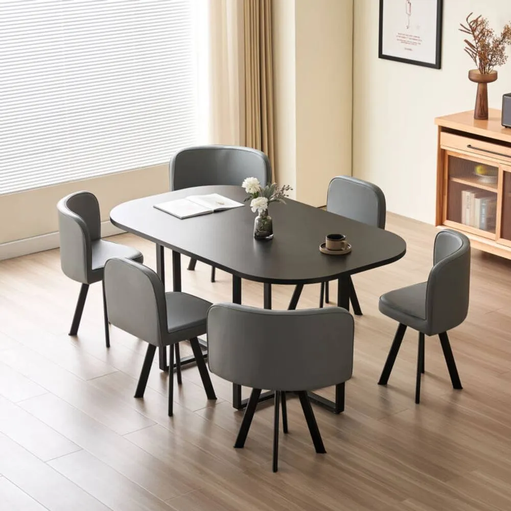 Comfy Living Ltd Black 150cm Square Dining Table Set with 6 Grey Chairs