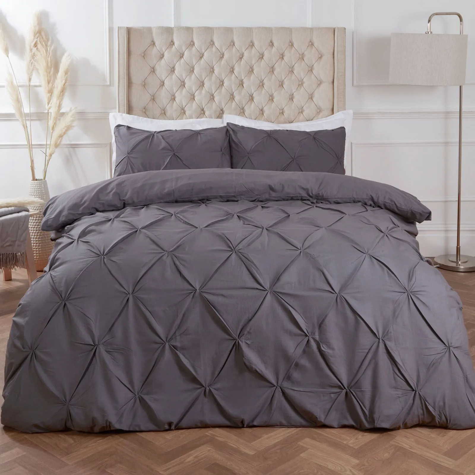 OHS Diamond Pintuck Duvet Cover with Pillowcase in Charcoal