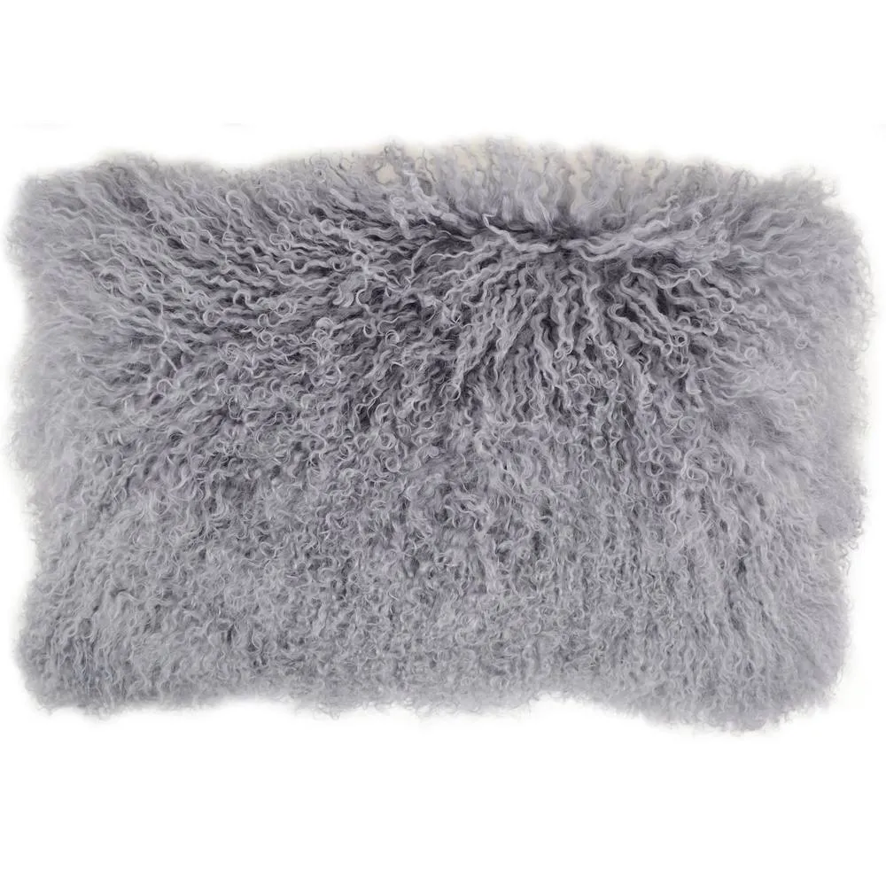 SNUGRUGS Mongolian Long Curly Wool Sheepskin Cushion with Inner - 30cm x 50cm in Grey