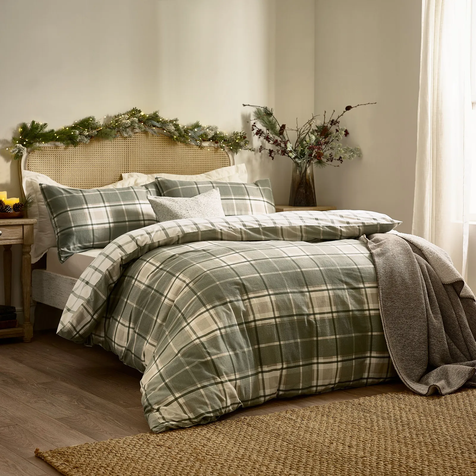 Wylder Braemar Check 100% Brushed Cotton Duvet Cover Set in Pale Green