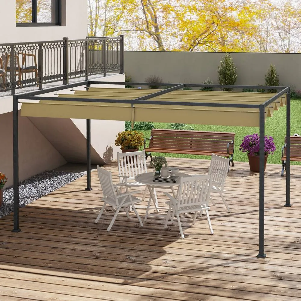 OUTSUNNY Metal Pergola Gazebo Patio Sunshelter Retractable Canopy in Khaki