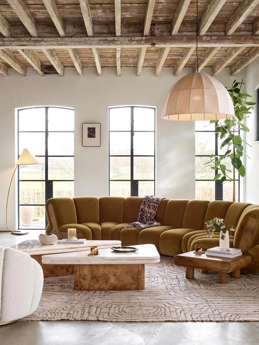 Noelle Modular Curved Sofa, Six Seater, Velvet Mustard
