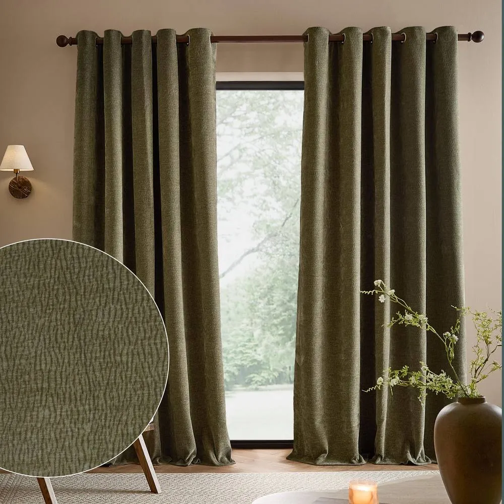 Yard Heath Washed Velvet Fully Lined Eyelet Curtain Pair in Green 1