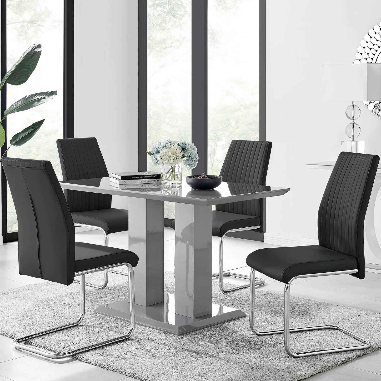 FurnitureboxUK Imperia Grey High Gloss 4 Seater Dining Table with Structural 2 Plinth Column Legs 4 Soft Faux Leather Lorenzo Chairs in Black 1