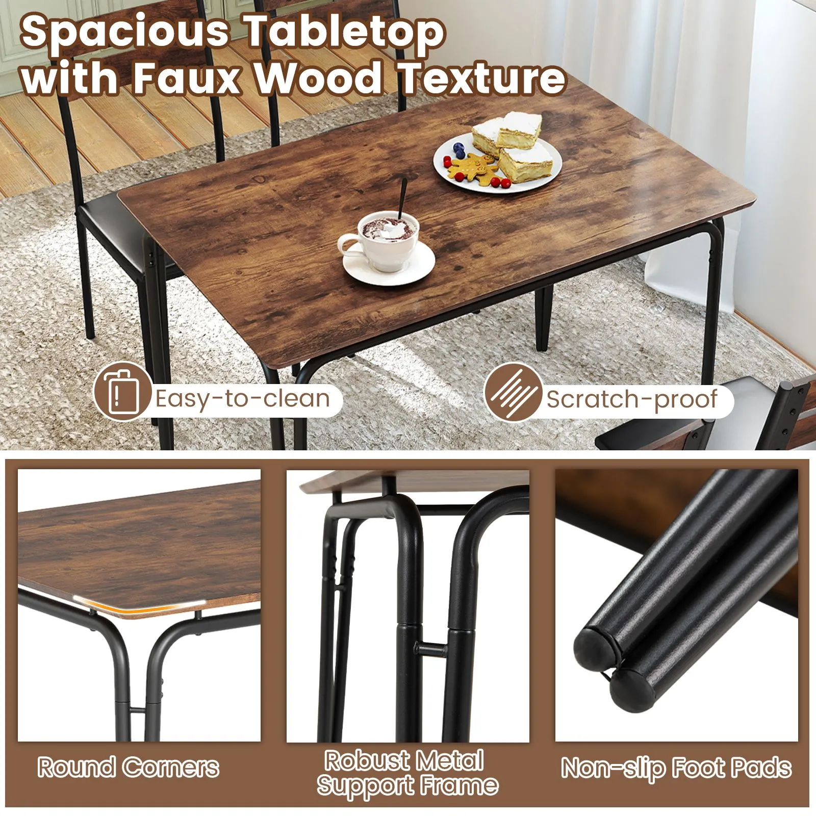 Costway 5PCS Dining Table Set Rectangular Kitchen Table & 4 Armless Chairs in Brown 6