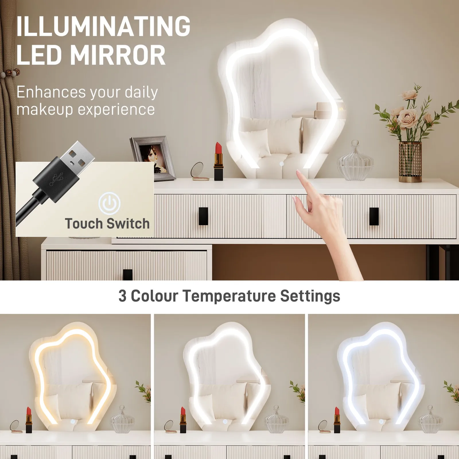 HOMCOM Dressing Table with LED Leaf Shape Mirror & 5 Drawers, White 4