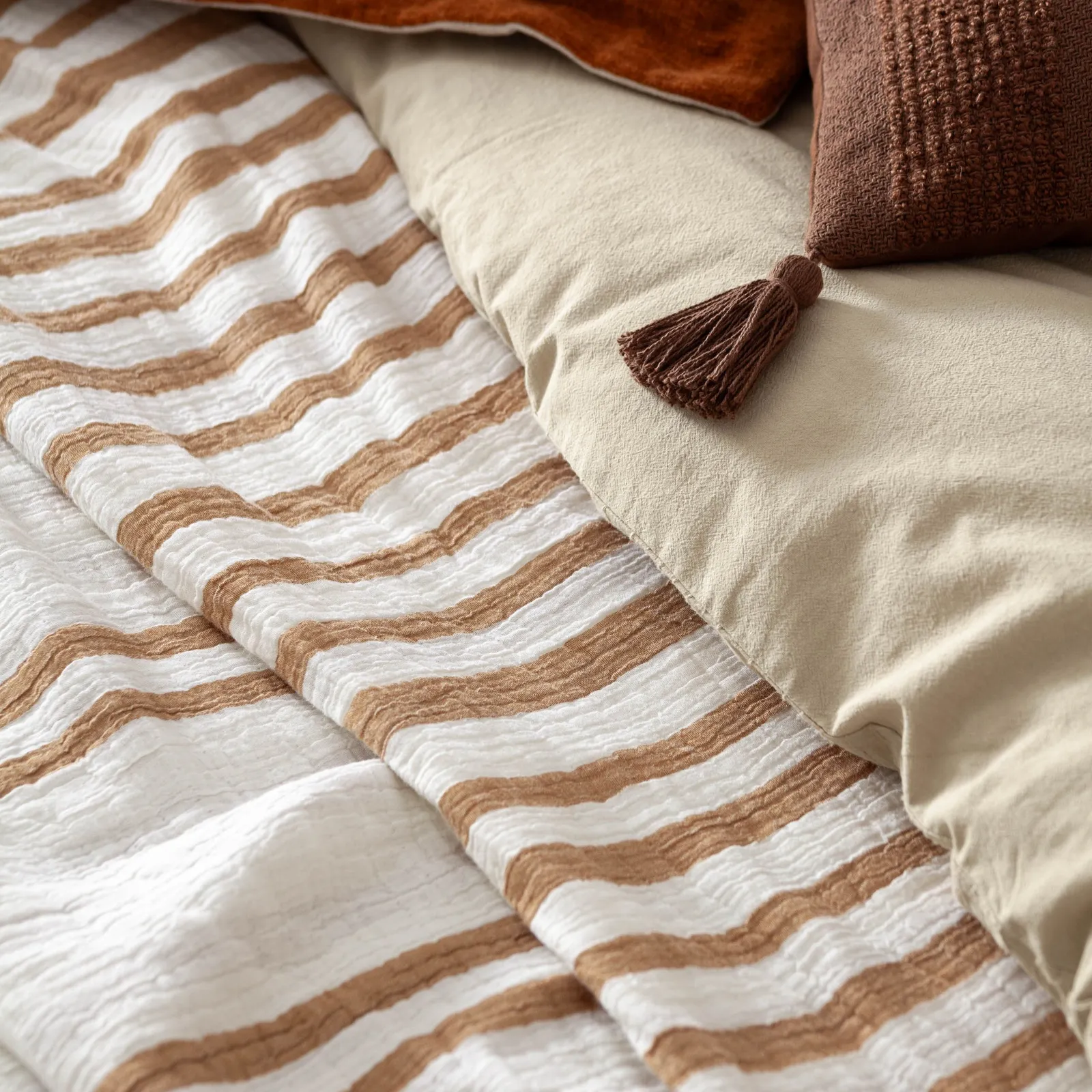Yard Woven Stripe 100% Cotton Bedspread in Light Brown 4