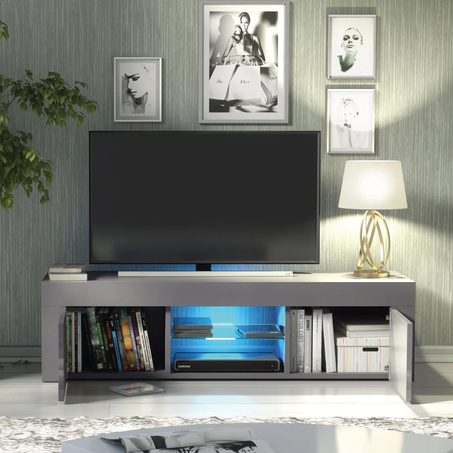 Creative Furniture Loom TV Unit 130cm - A Minimalist & Sophisticated Cabinet with Gloss Doors & LED Lights in Dark Grey 2