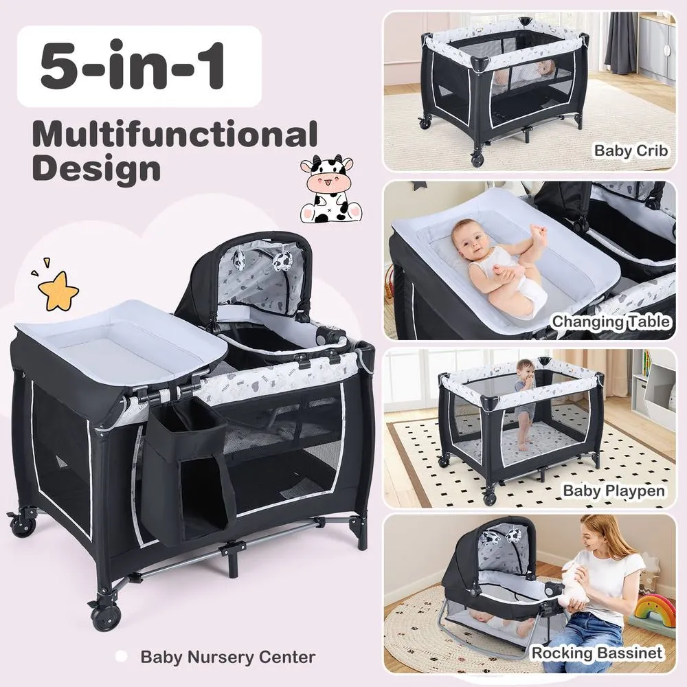 Costway Foldable Pack &Play Portable Baby Playard w/Rocking Bassinet&Music Box 3