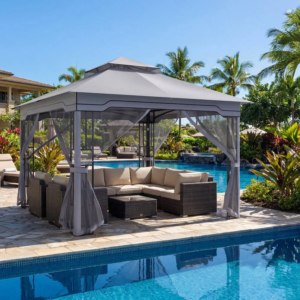 Costway 3.3 x 3.3 M Double Roof Soft Top Patio Gazebo w/ Zippered Mesh Netting in Grey 6