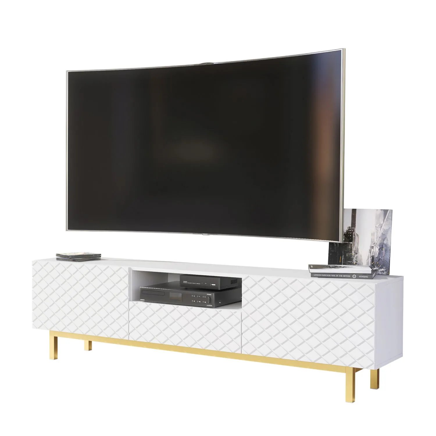 Creative Furniture Diamond Luxe TV Unit 180cm - Luxury Cabinet with Push to Open Storage in White 4