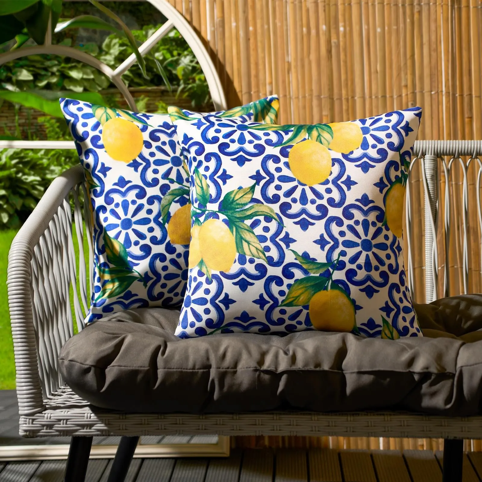 OHS 2 Pack Lemon Abstract Water Resistant Outdoor Filled Cushions Garden in Blue
