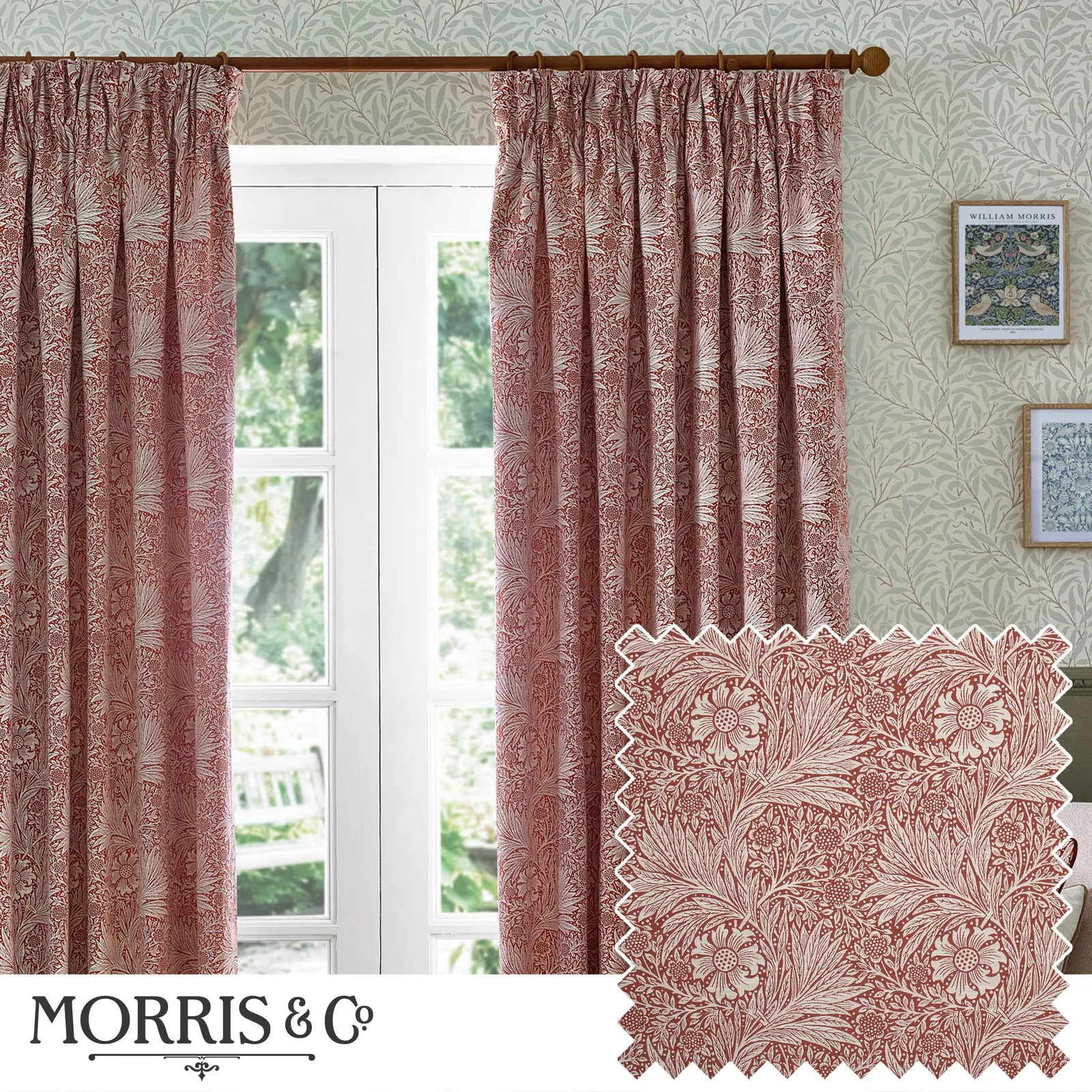 Morris & Co Marigold Jacquard Floral Room Darkening Pencil Pleat Curtains in Red