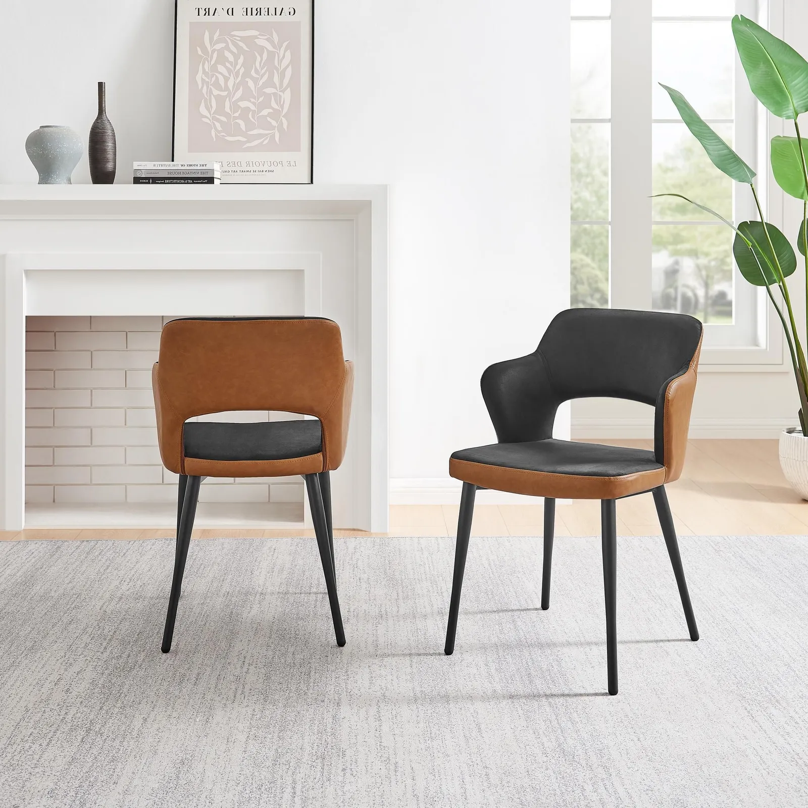 FurnitureboxUK Kai 2x Black Velvet Tan Faux Leather Black Leg Dining Chair 4