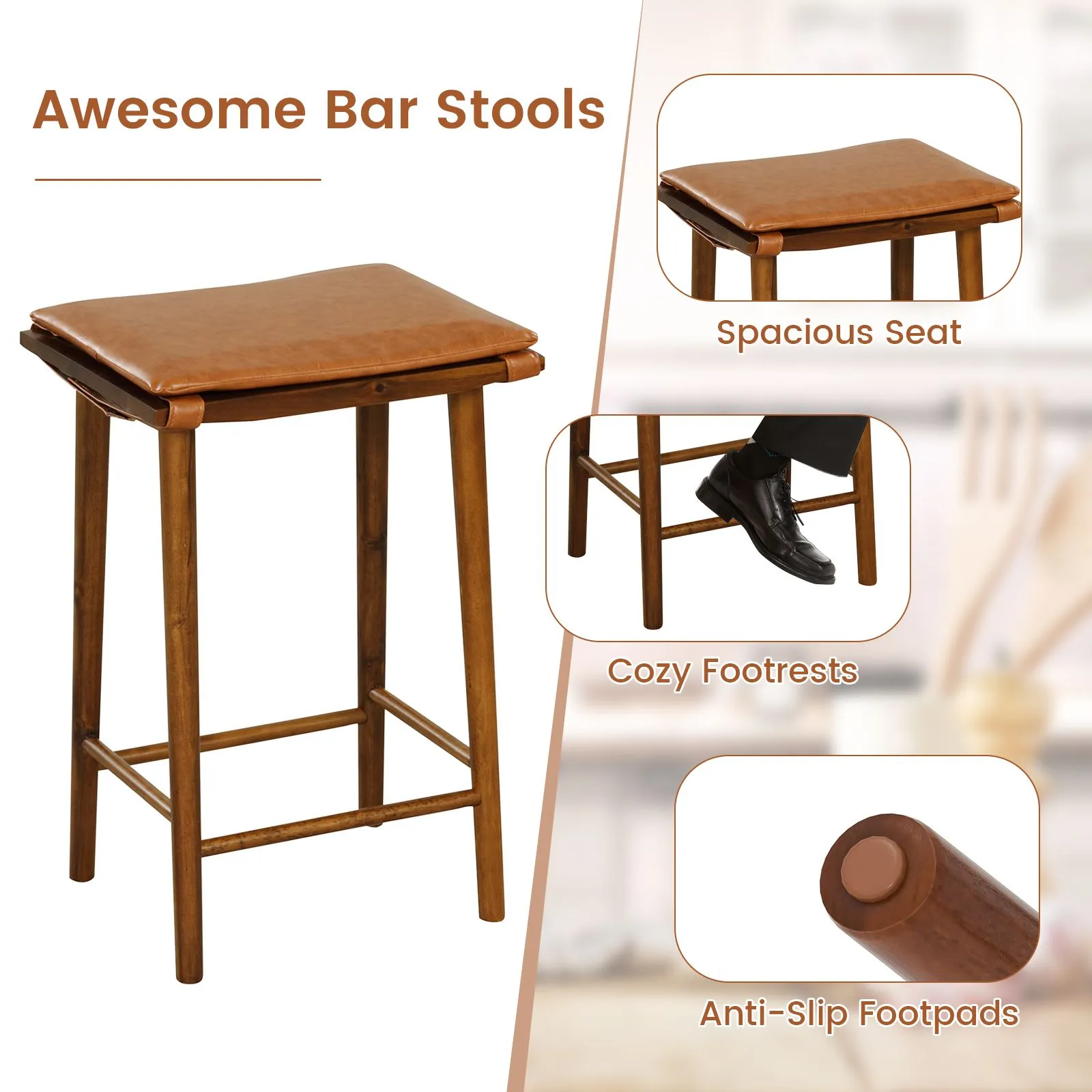 Costway Set of 2 Bar Stools Counter Height Stools Saddle Seat Stool with Solid Wood Legs in Brown 6