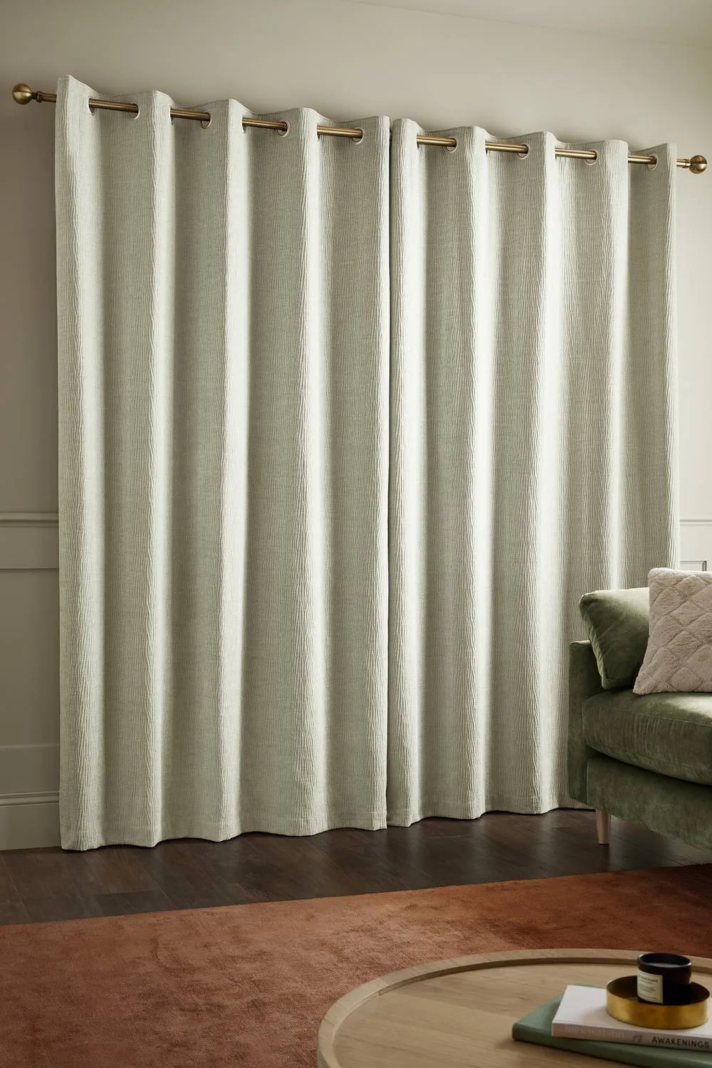 Catherine Lansfield 'Crinkle Chenille' Lined Eyelet Curtains in Natural 2