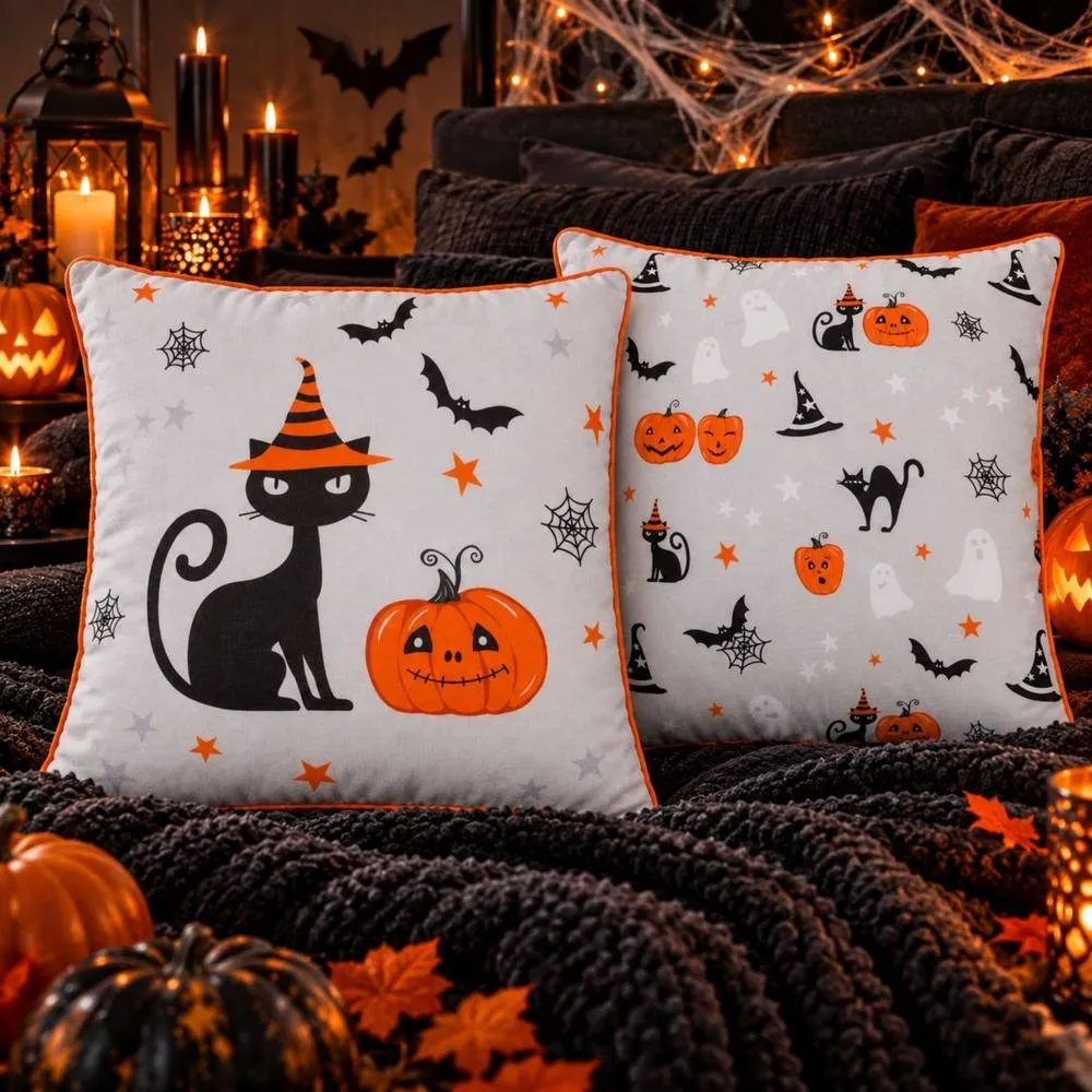 Smart Living Set of 2 Halloween Printed Filled Cushions 45x45cm Cat Pumpkin Design
