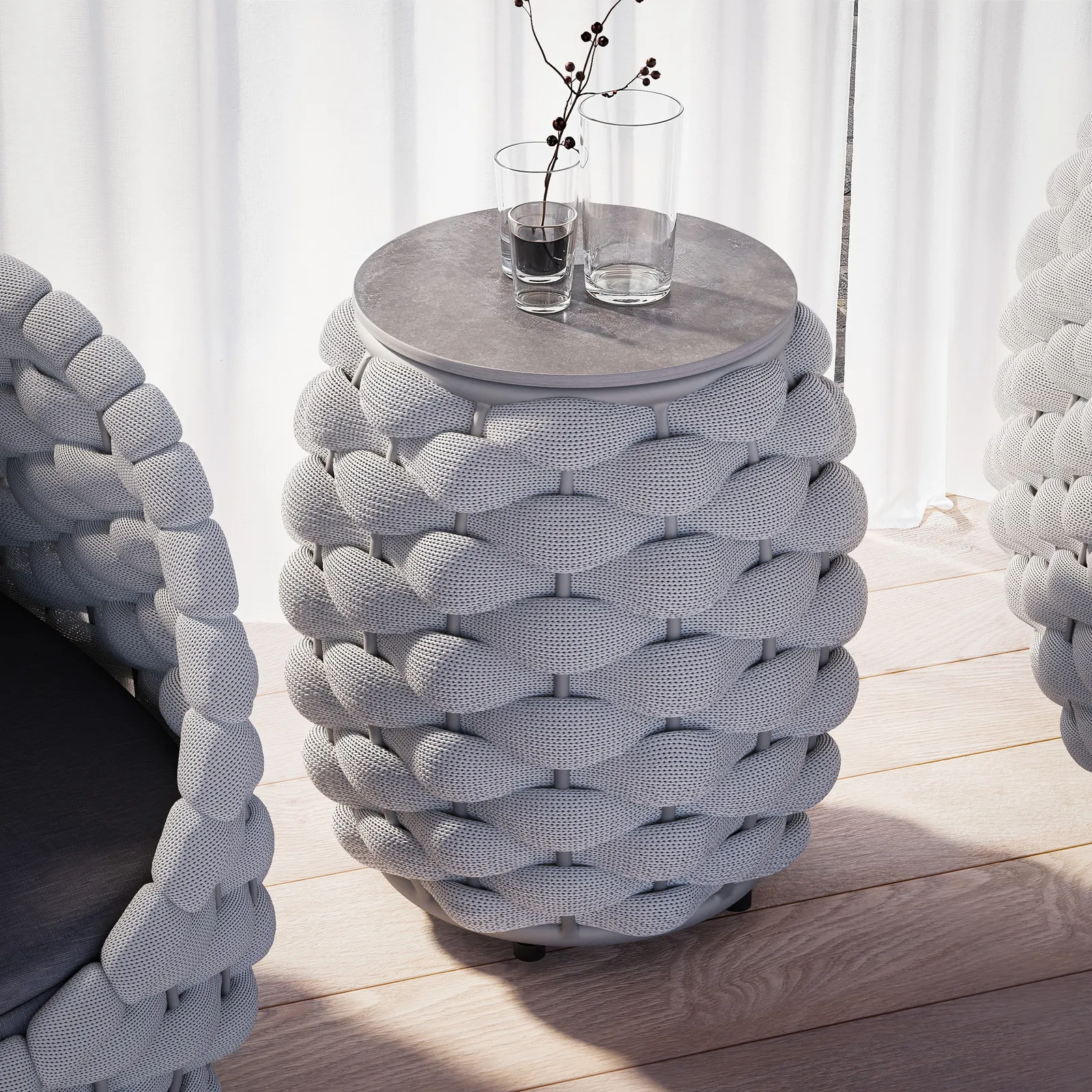 Cocaro Outdoor Woven Side Table with Storage, Waterproof Rope & Slate Top in Grey