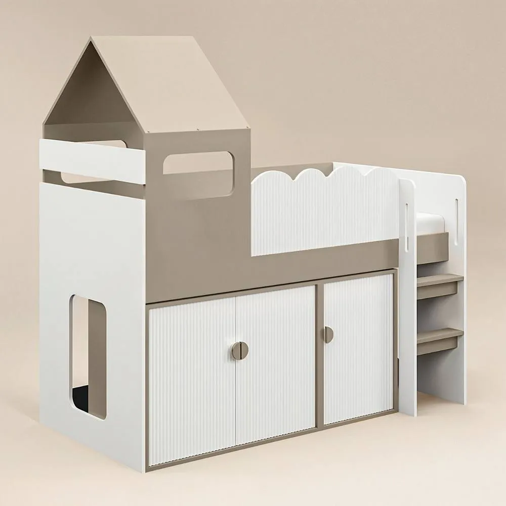 Flair Calista Ribbed House Mid Sleeper Bed with Storage White & Taupe 5