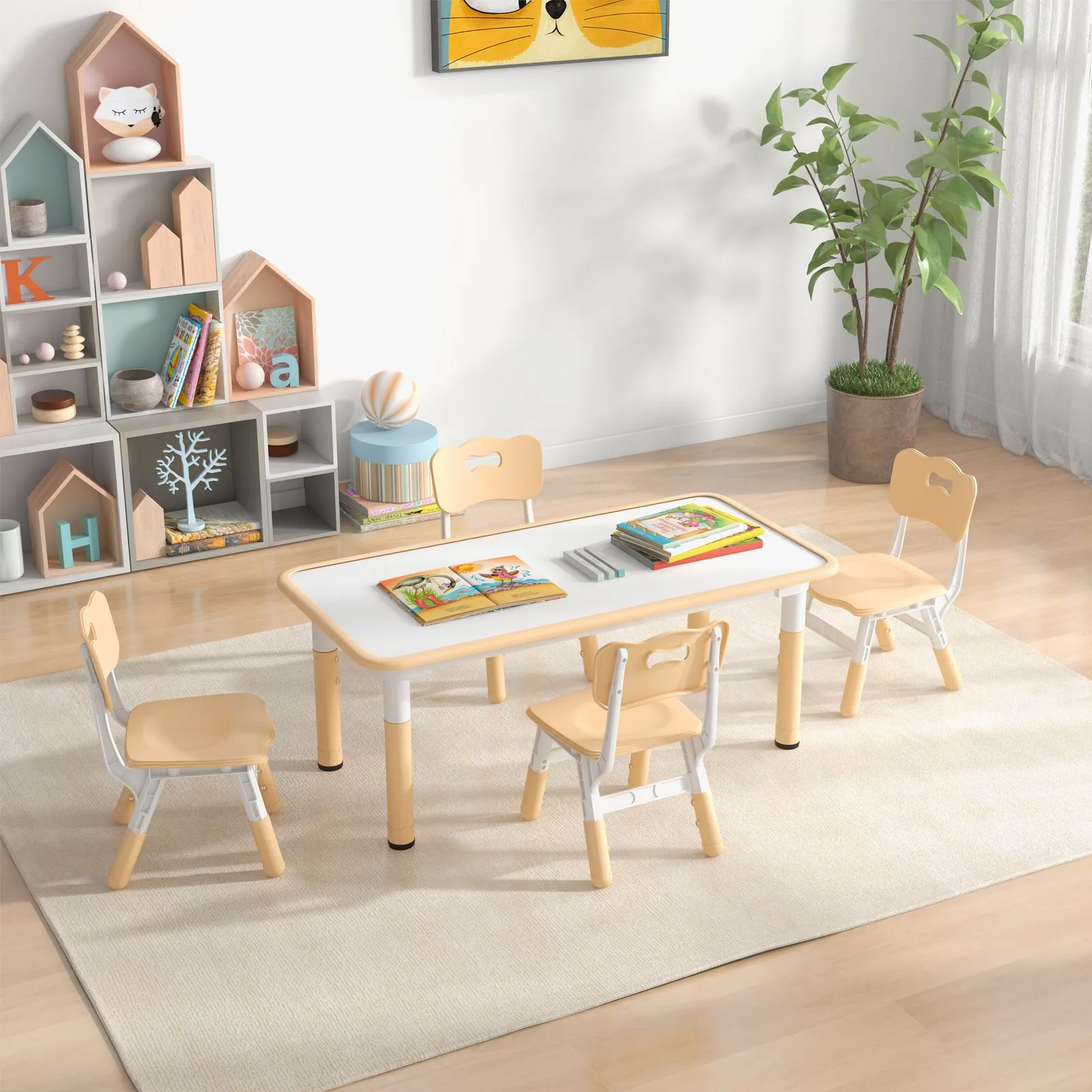Costway Table & 4 Chairs Set Art Study Multi Activity Table with 4 Seats in Natural 4