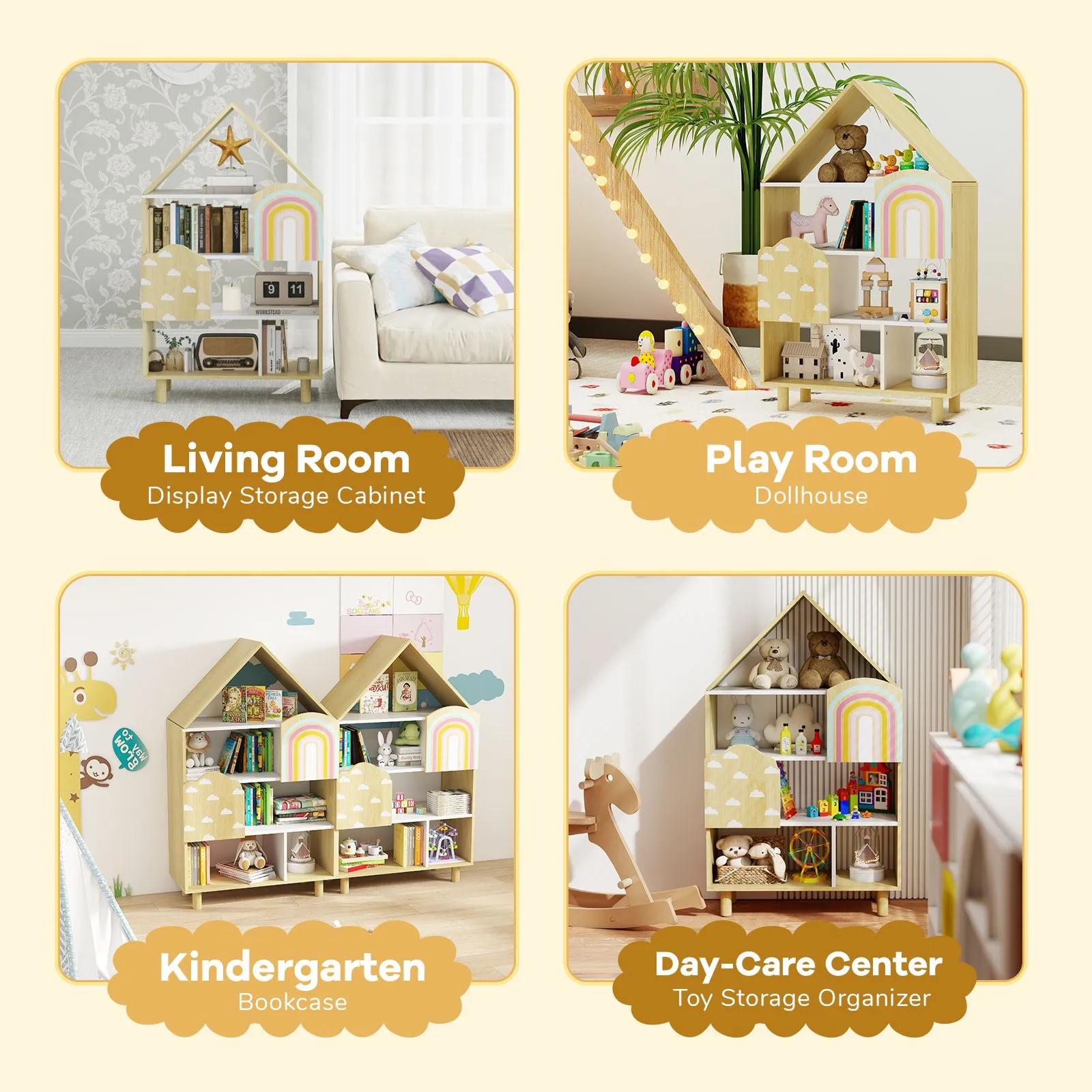 Costway Dollhouse Bookshelf House-shaped Bookcase with 2 Doors in Natural 6