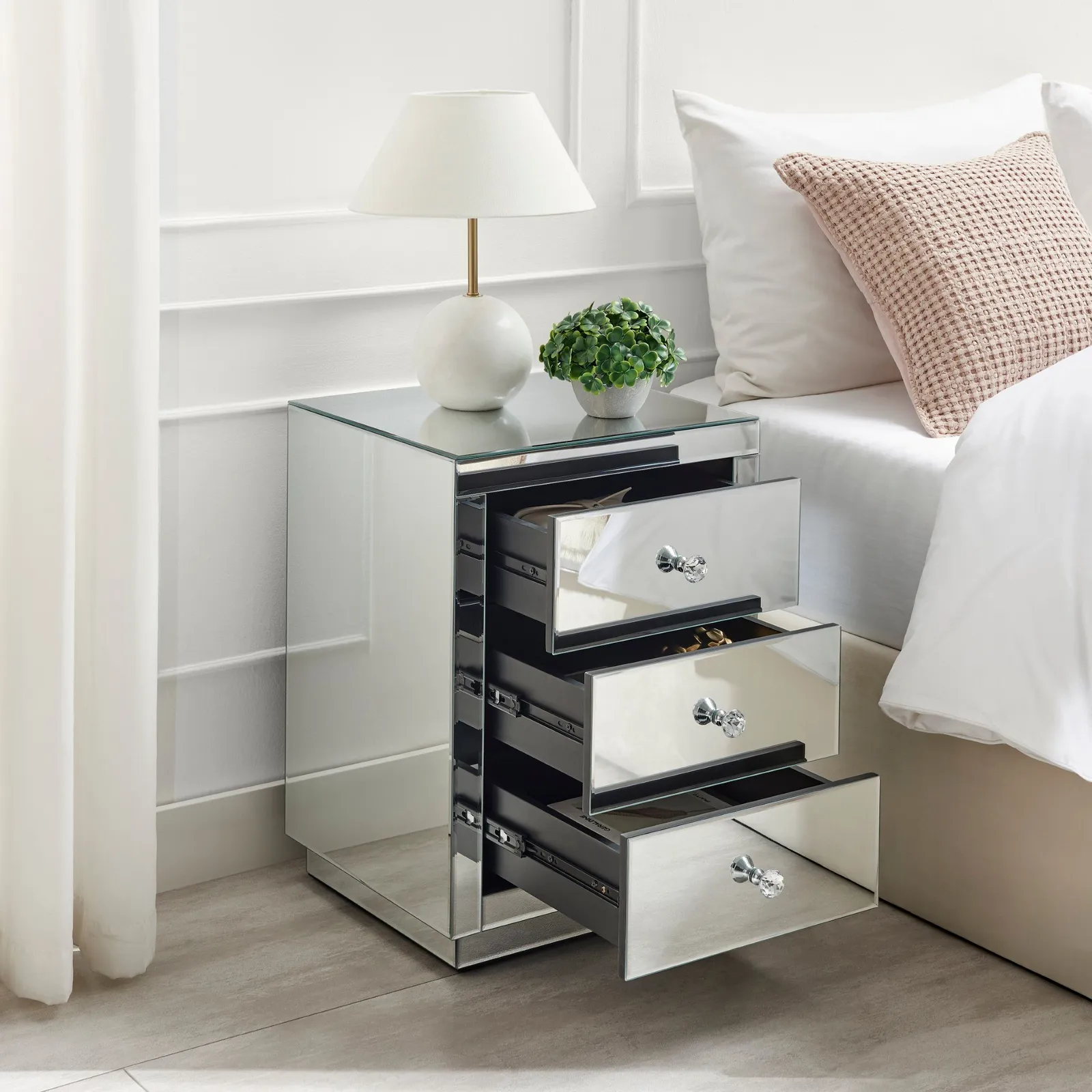 FurnitureboxUK Italian Inspired Contemporary Mirrored 3 Drawer Rectangular Bedside Table with Crystaline Shaped Handles in Silver 3