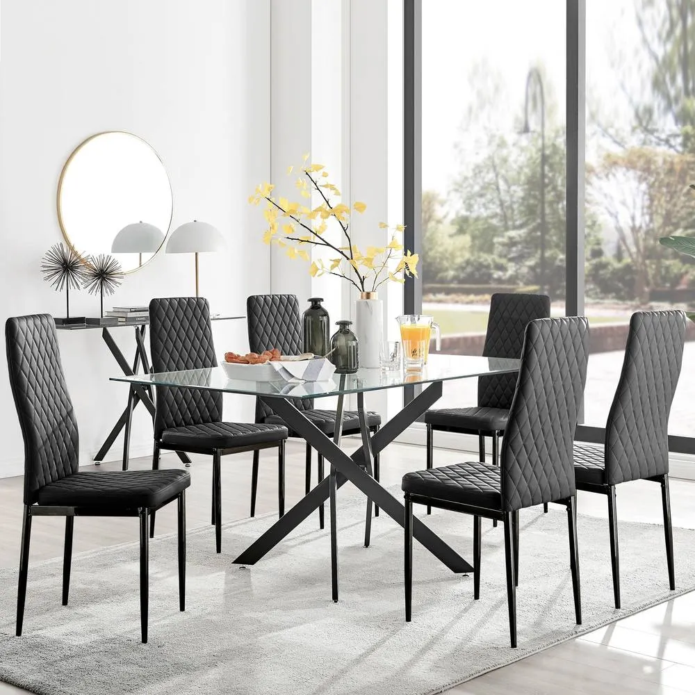 FurnitureboxUK Leonardo Black Leg Glass Dining Table & 6 Milan Chairs