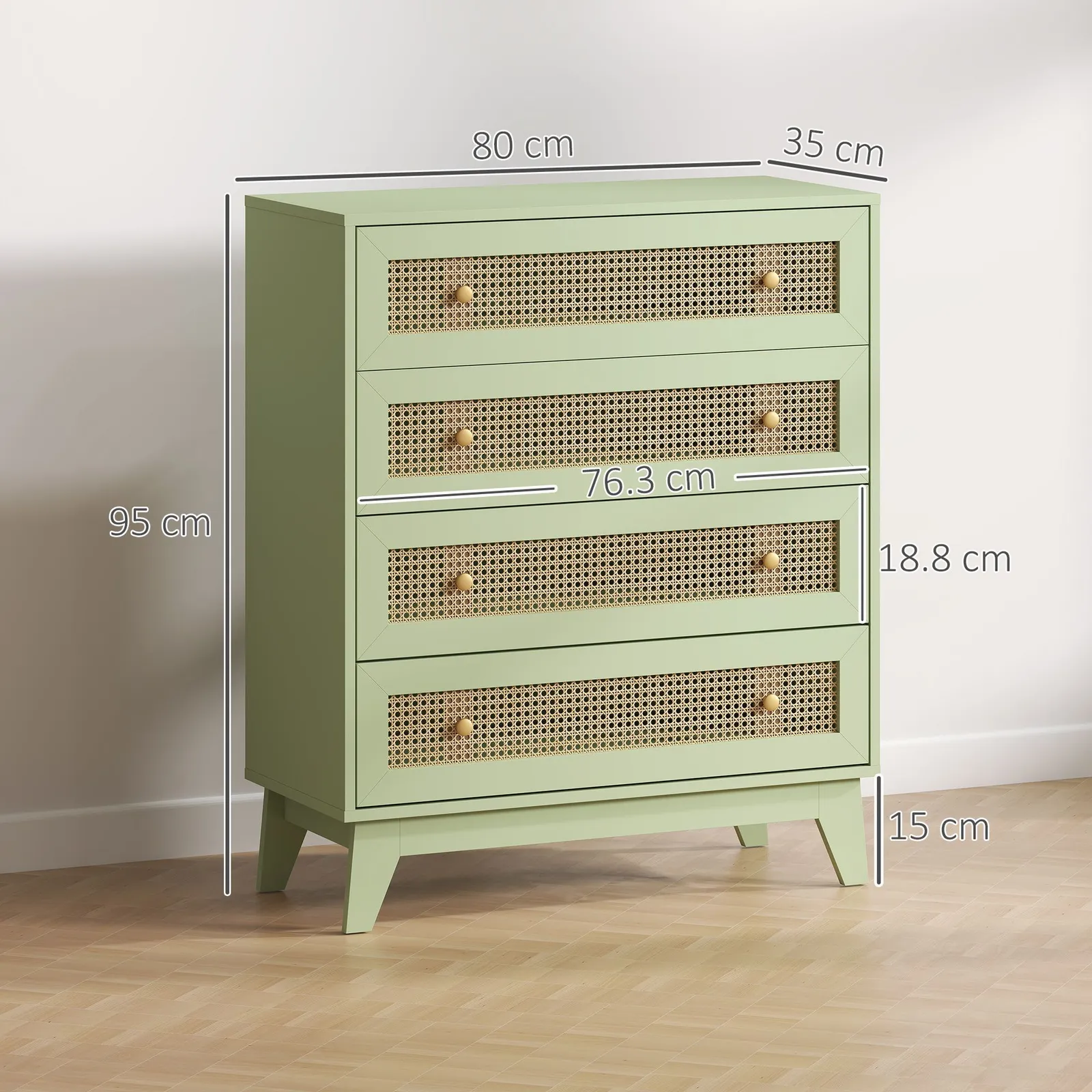 HOMCOM Chest of Drawers, 4 Drawer Unit Storage Organiser with Rattan Element in Light Green 3