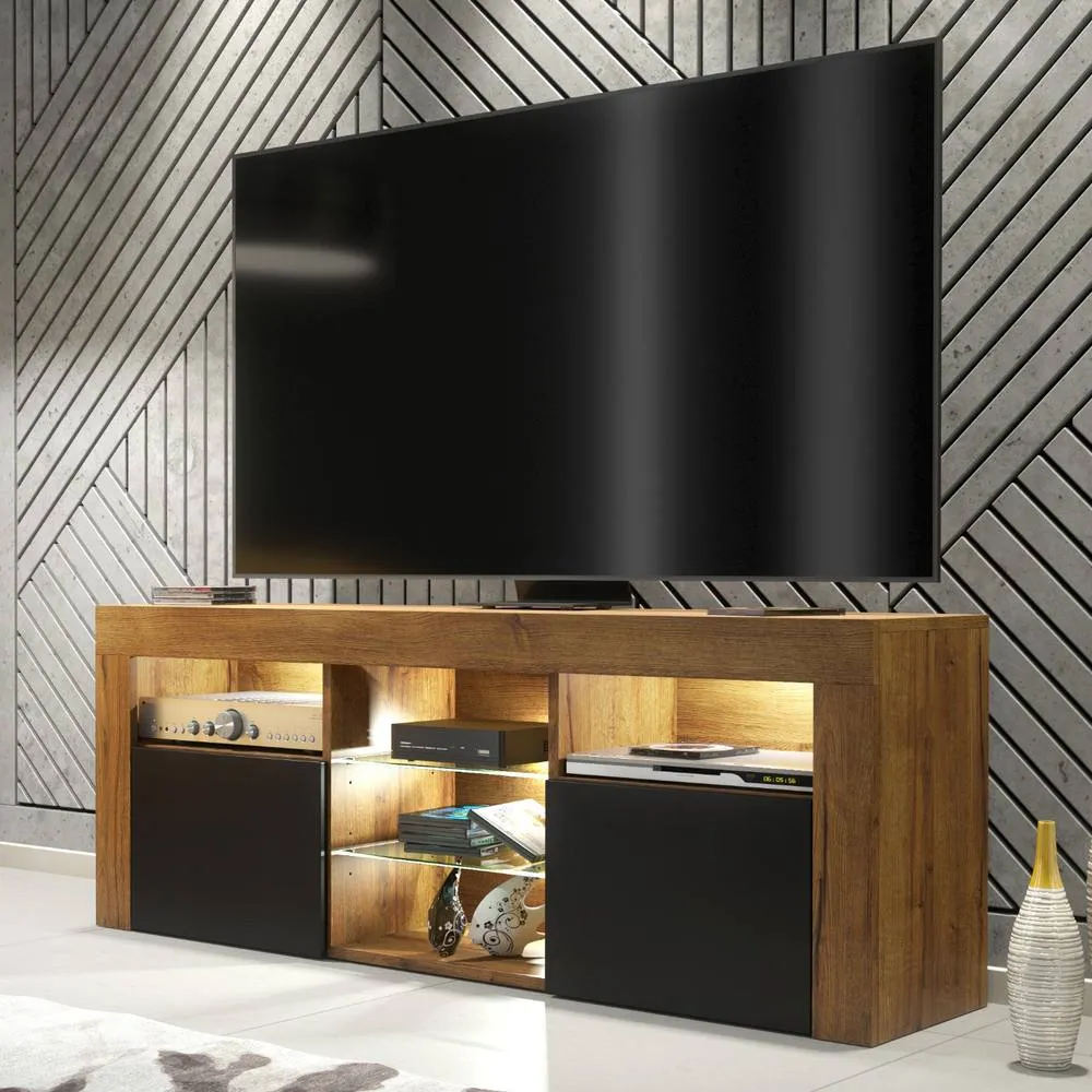 Creative Furniture Pulse TV Unit 145cm - Dark Oak with Black Matt Doors + LED Lights in Dark Brown 6