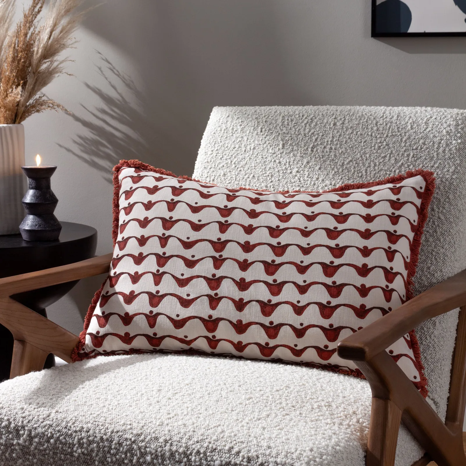 HOEM Avery 100% Cotton Abstract Fringed Cushion in Dark Red