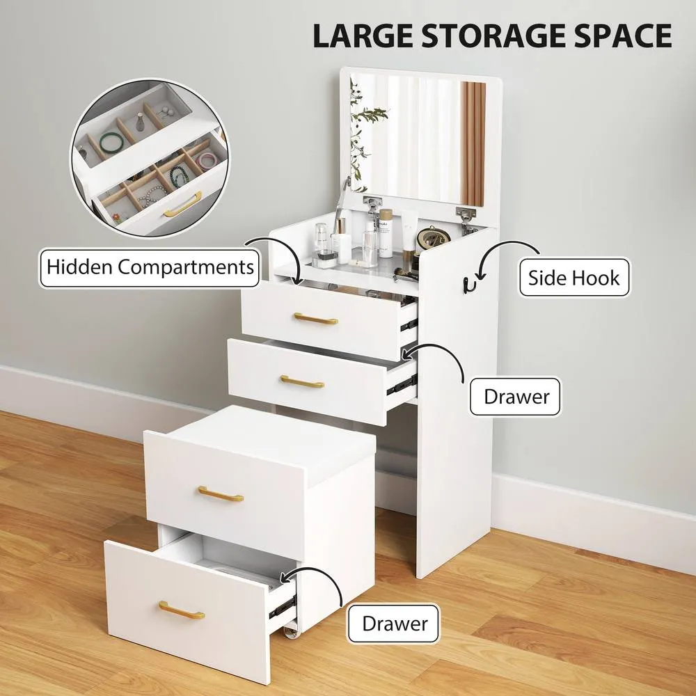 HOMCOM Two-Piece Dressing Table Vanity Desk with Mirror & Cushioned Stool in White 6