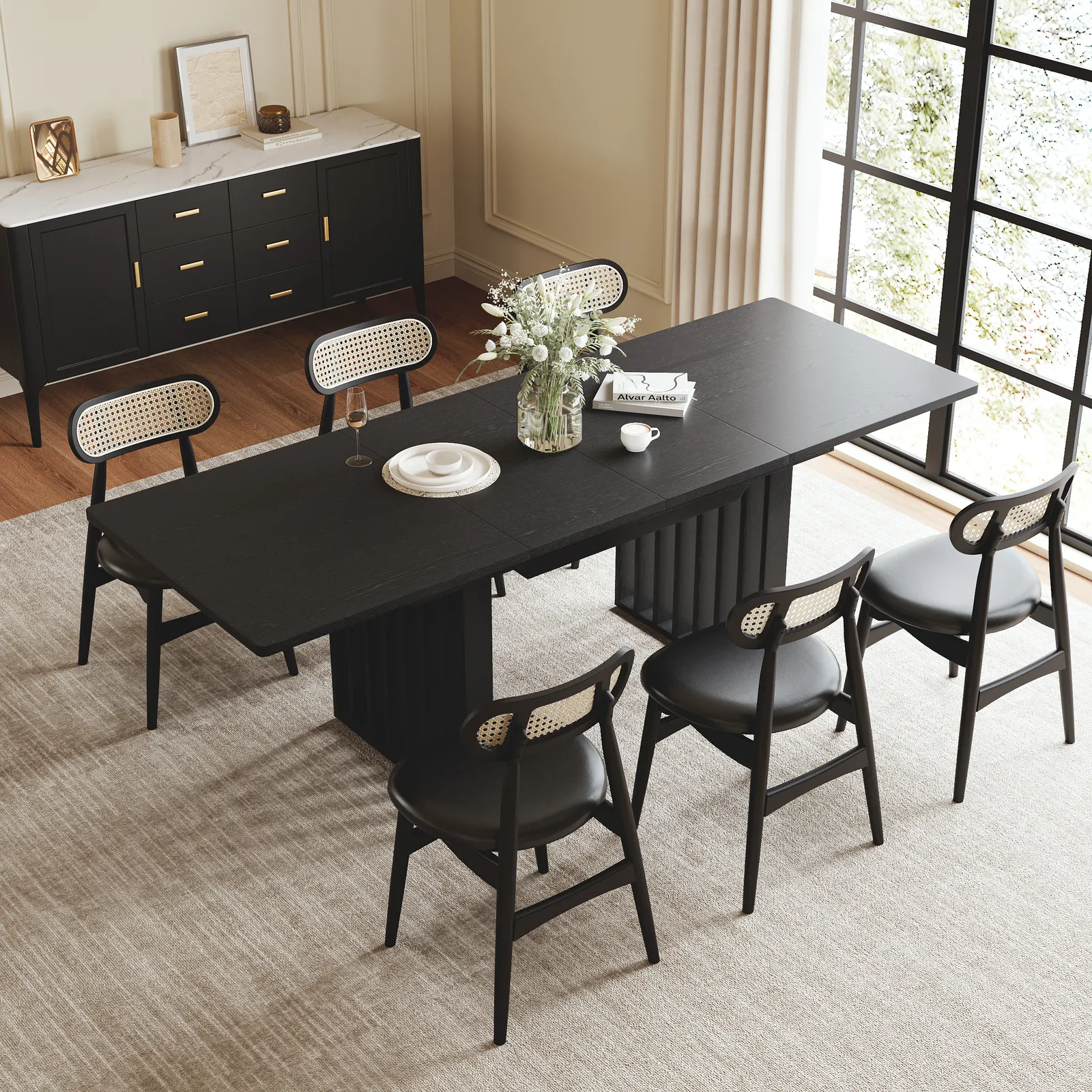 1400mm-2200mm Extendable Dining Table Black Seats 4-8 People