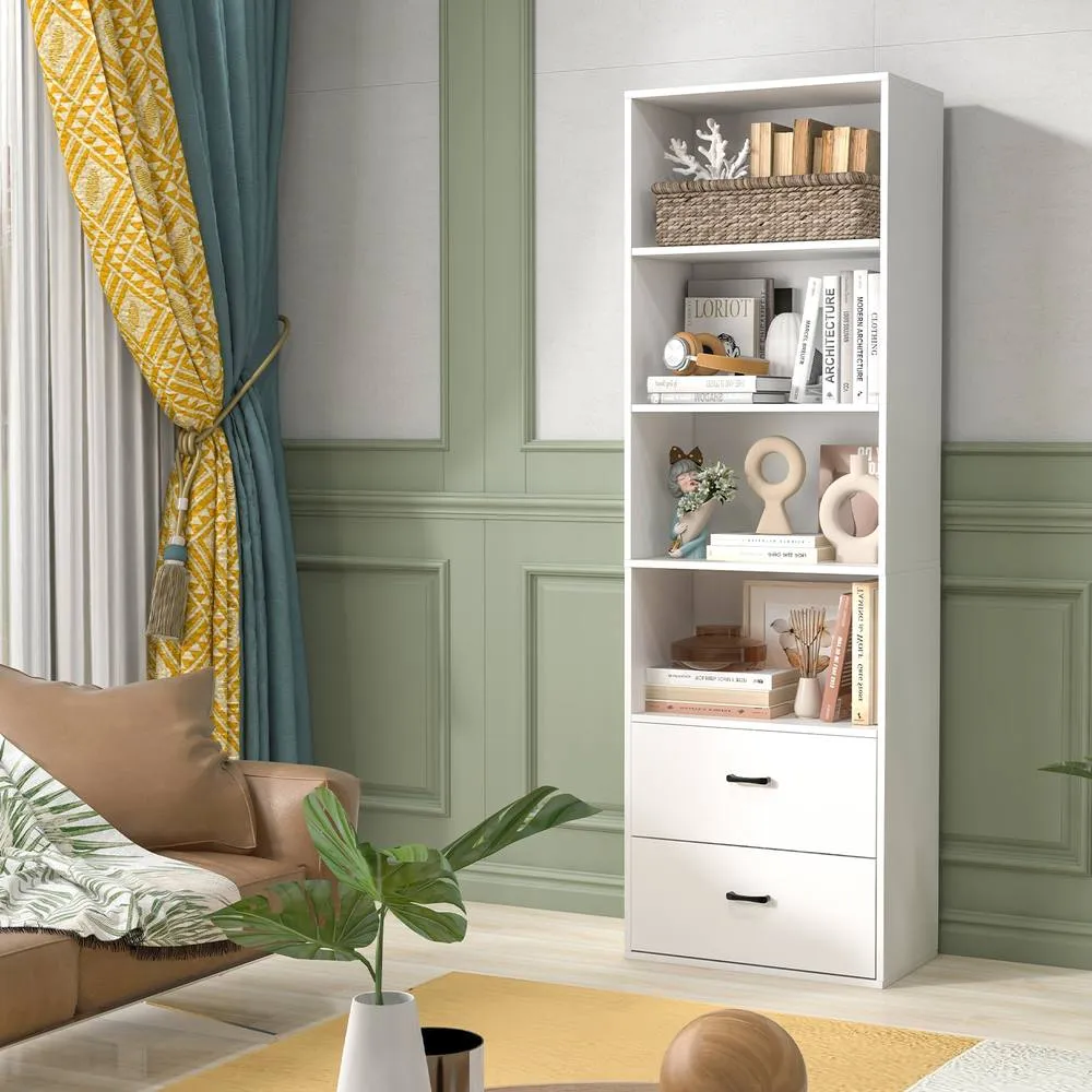Costway 6-Tier Tall Bookshelf Wood Bookcase Organizer Display Storage Shelf W/ 2 Drawers in White 5