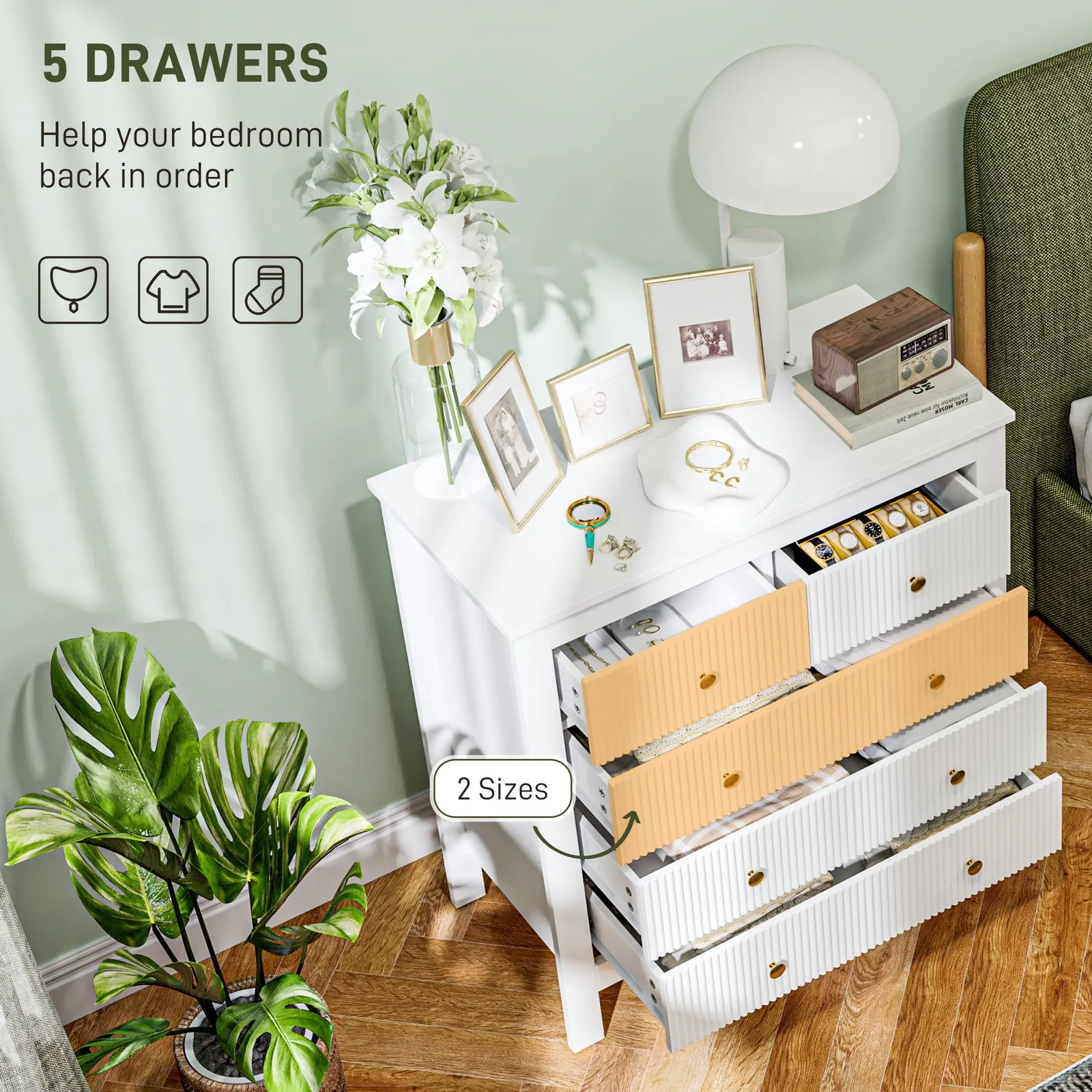 HOMCOM Fluted Bedroom Chest of Drawers w/ 5 Drawers Gold Tone Handles in White 4